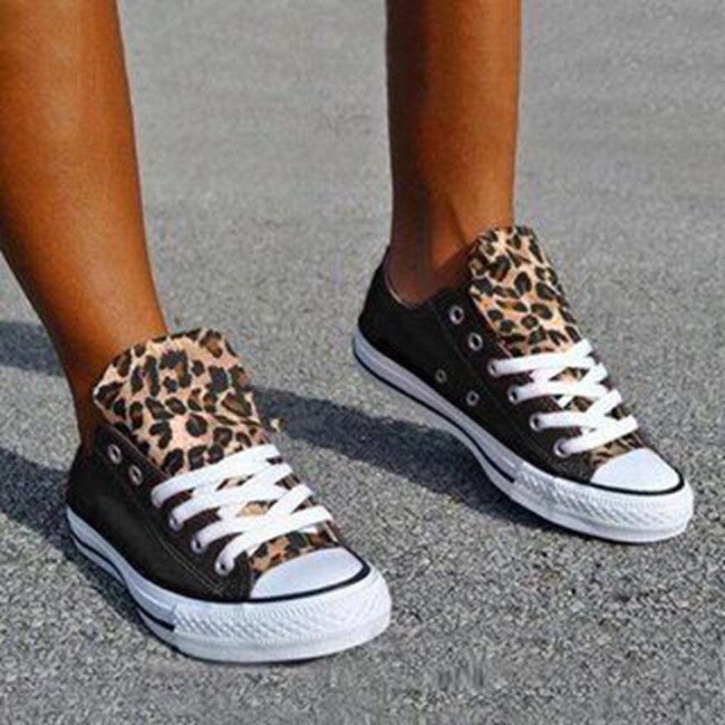 Vår höst kvinnor leopard skor sneakers dam snörning fritidsskor andas canvas skor zapatos de mujer: Svart / 39