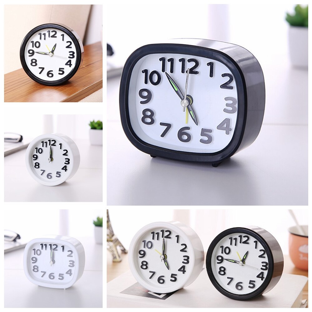 Mini Square Round Small Bed Alarm Clock Compact Travel Clock Portable Black &White Children Student Desk Watch Clock Home