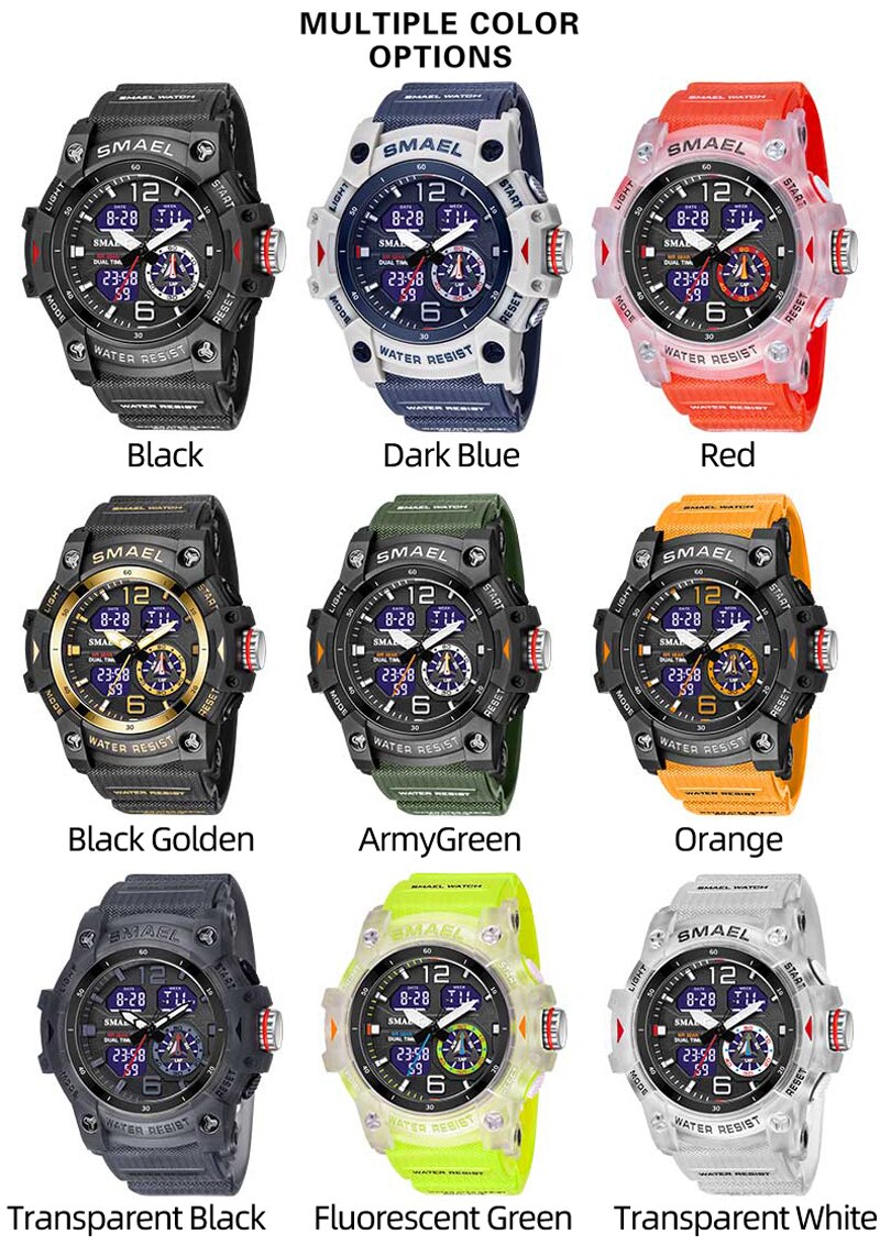 SMAEL – montre de sport pour hommes, double affichage LED, numérique, Quartz, étanche, chronomètre pour étudiants, horloge pour jeunes