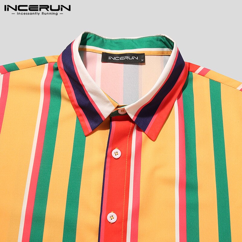 INCERUN Summer Men Striped Shirt Lapel Button Streetwear Vacation Hawaiian Shirts Short Sleeve Breathable Casual Camisa 5XL