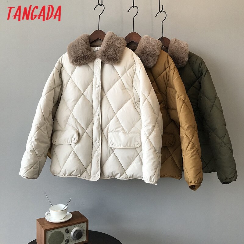 Tangada kvinnor solid lös pälskrage parkas tjock midja justera vinter långärmad dragkedja fickor kvinnlig överrock asf 74