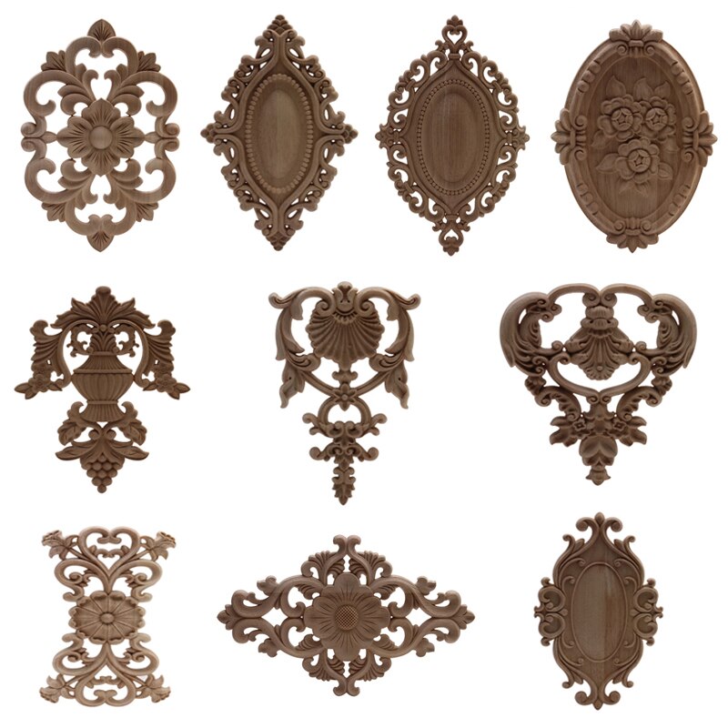 Figurines de madera Onlay apliques de madera Calcomanía para madera decoración antiguo europeo largo grande Floral mueble madera gabinete paredes