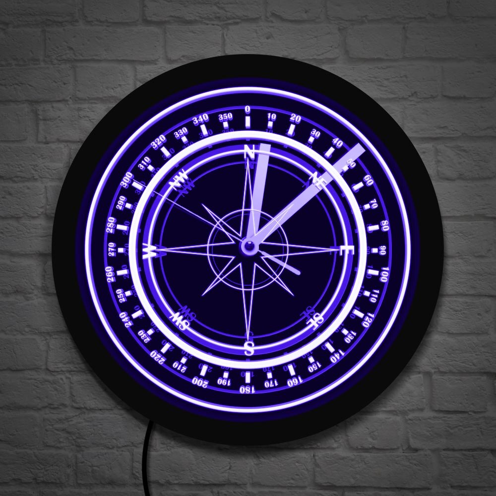 Reloj de pared de brújula náutica con retroiluminación LED, brújula rosa de viento, decoración del hogar, azul marino, luminoso, de Marina