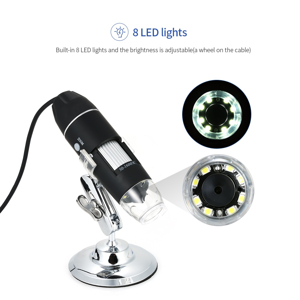 1600X microscope grossissement USB Microscope numérique avec fonction OTG Endoscope 8-lumière LED loupe + support