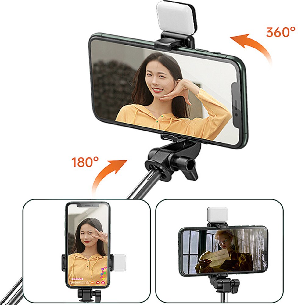 Tragbarer, kabelloser bluetooth-selfie-stick mit ausziehbarem und faltbarem stativ für ios, android und iphone.