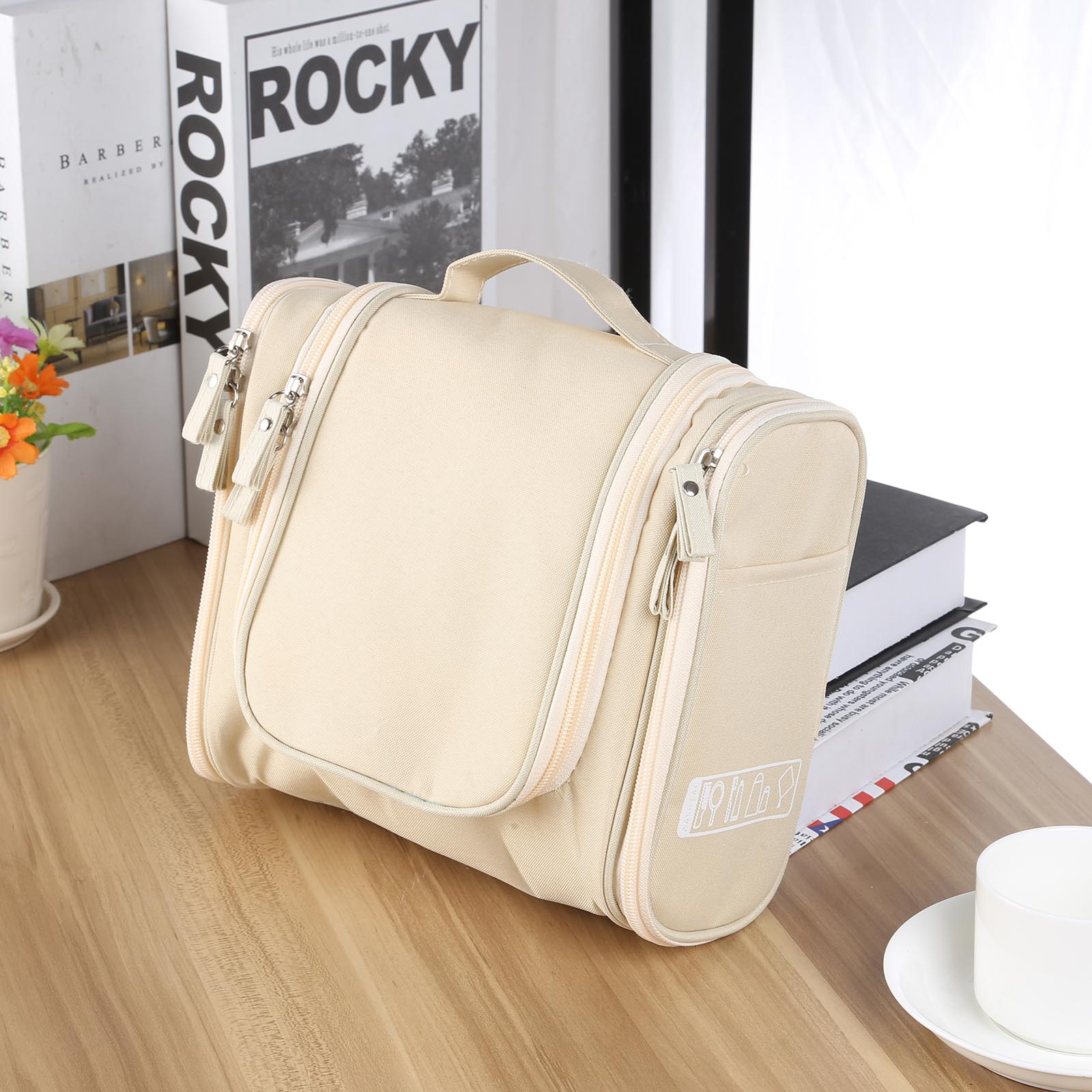 Hangende was- en toilettassen, opbergzakken, draagbaar, waterdicht, met haak, meerdere zakken, reistas, grote capaciteit, make-uptas, unisex: Beige