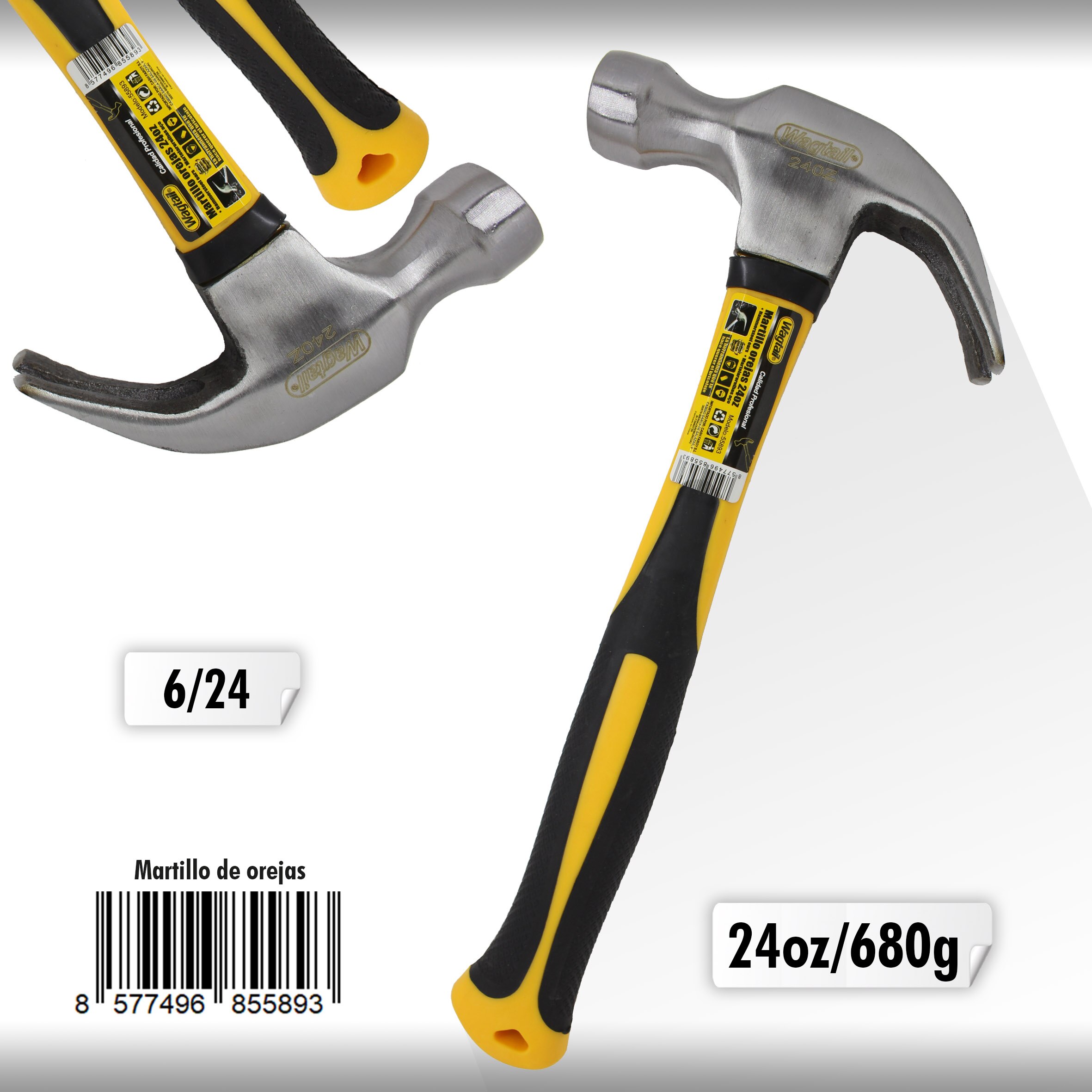 Wagtail Martillo de carpintero, martillo de orejas con mango de fibra de vidrio, martillo de clavos, martillo de garra, herramientas taller mecanico, herramientas de mano, herramientas carpinteria: 680g (24oz)