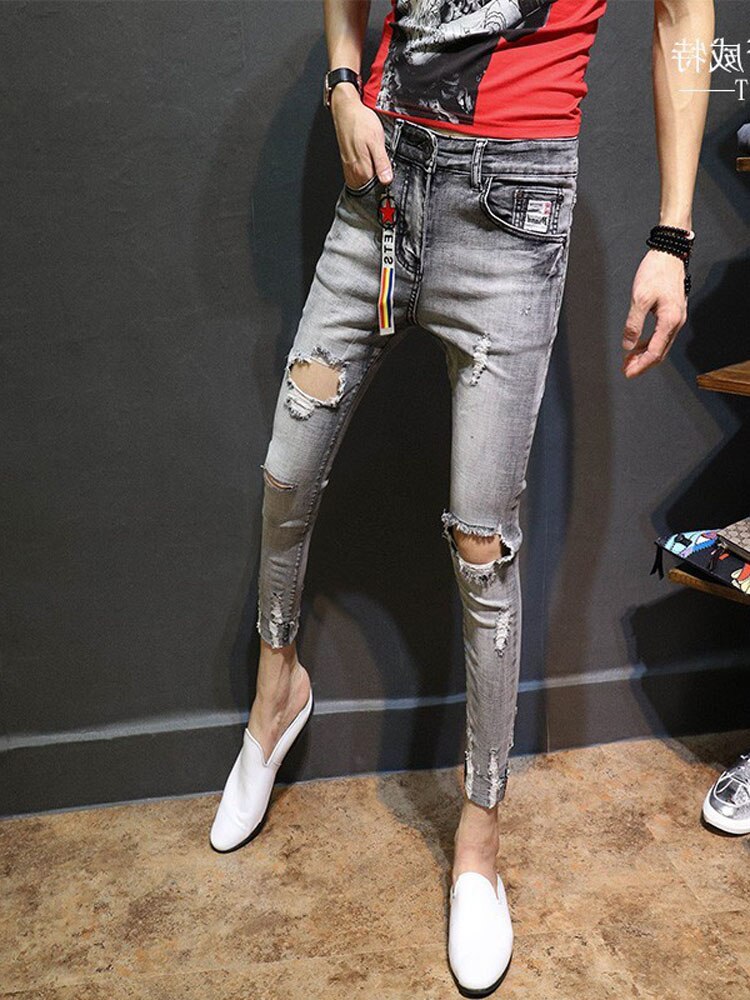 Pantalones pitillo para hombre, espíritu Chico, adolescentes, estudiantes, vaquero, hip hop, Denim, pitillo, vaqueros para hombre, de pies ajustados, rasgados con agujeros sociales: 30