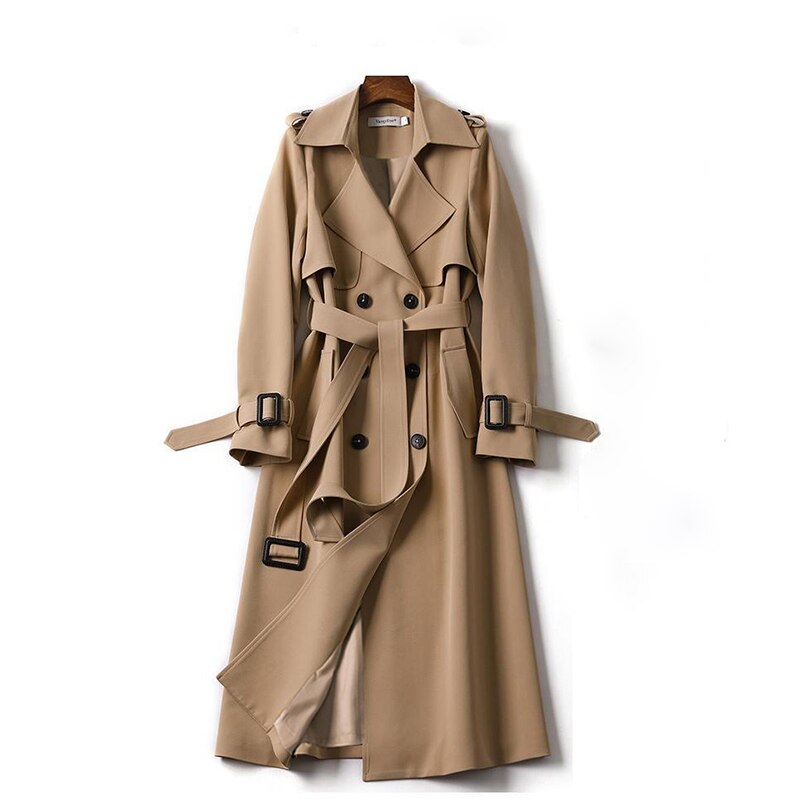 Windjack voor dames, winterjas, koreaanse trenchcoat voor dames, engelse stijl, lange trenchcoat met sjerpen: Khaki / S