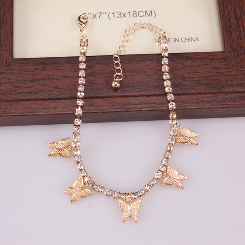 Tobillera de tenis con mariposa y cadena de oro, joyería con diamantes de imitación para mujer, colgante de mariposa y cristal, pulsera para el pie, joyería para mujer