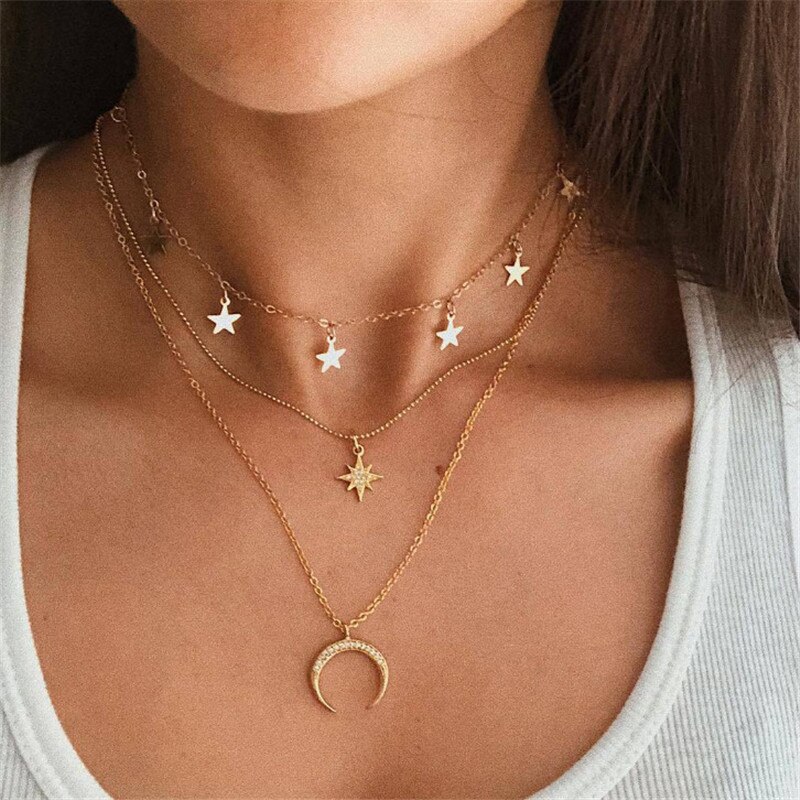 LETAPI Vintage Multilayer Crystal Hanger Ketting Vrouwen Goud Kleur Kralen Moon Star Hoorn Crescent Choker Kettingen Sieraden