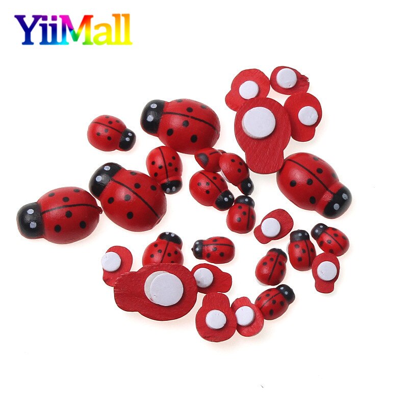 100pcs Manual Mini Wooden Red Ladybug Self-adhesive Stickers Fridge Magnets Wall Stickers Scrapbooking Home Decoration