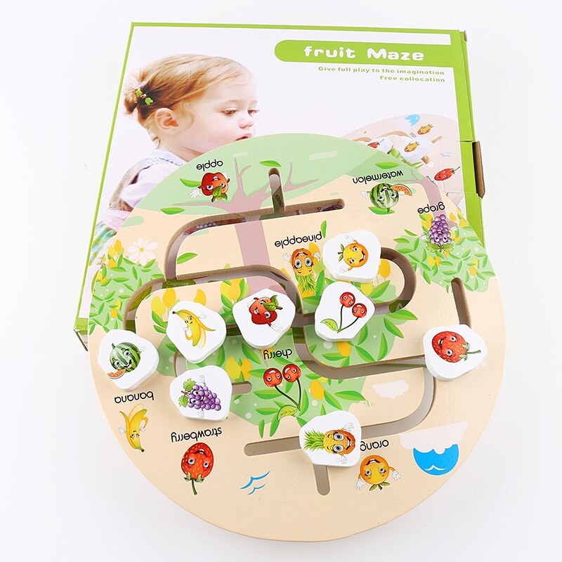 202 Educational Early Learning Slide Puzzle Kids Wooden Toys For Children Labyrinth Animal/Fruit/Number-body-match Maze: Fruit maze