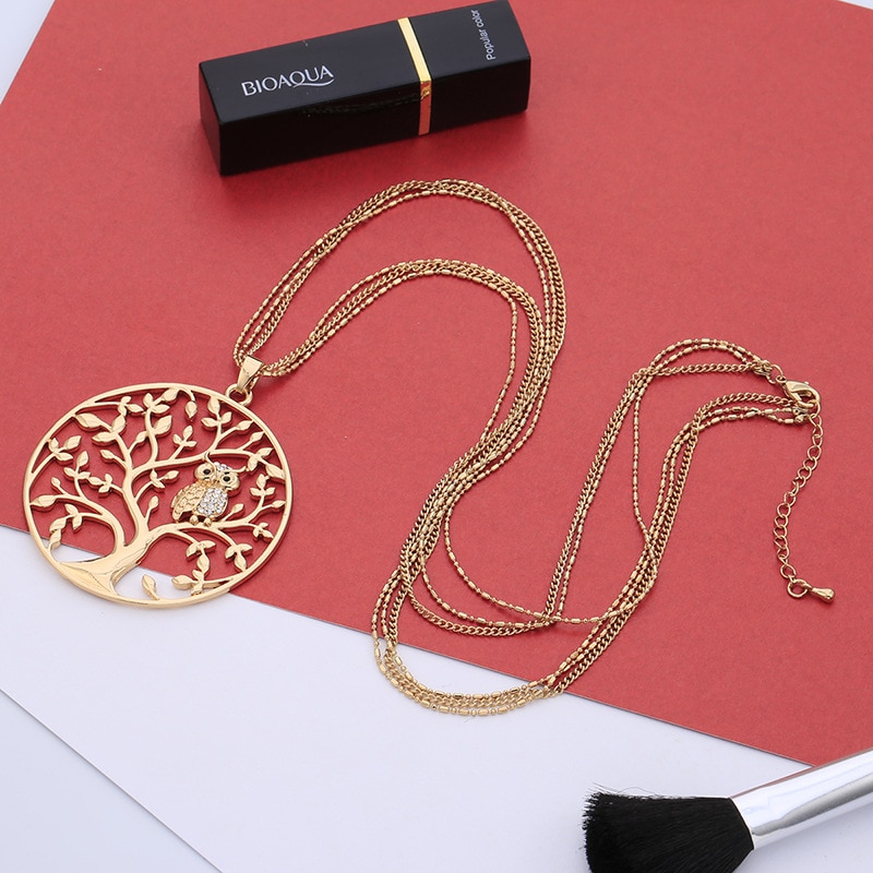 Gold Tree of life Owl Necklace Big Round Pendant Long Chains Sweater Necklace For Women Statement Jewelry Classic Collier