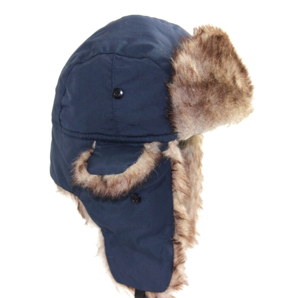 Unisex mænd kvinder russisk hat trapper bomber varm trooper øreklapper vinter ski hat solid fluffy imiteret pels kasket hovedbeklædning motorhjelm: Blå