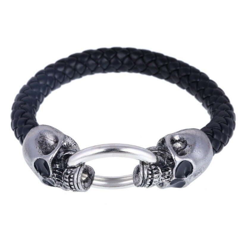 Punk Black Braided Leather Bracelet Stainless Steel Skull Magnetic Clasp Bracelet Bracelet Men's Birthday Christmas: Default Title