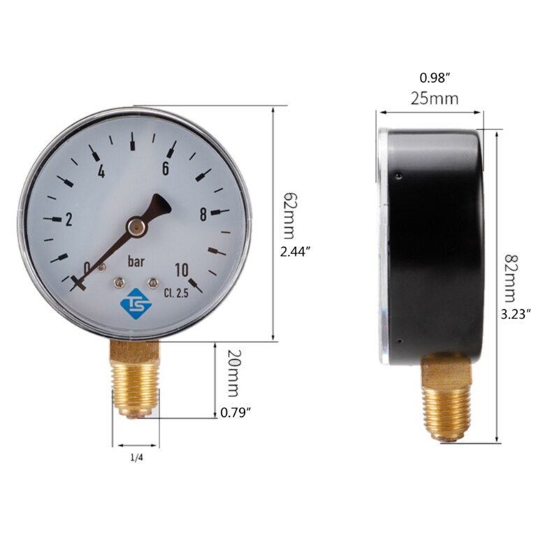 Manometer Roestvrij Staal + Koper 1/4 Npt Water Druk Meter 60Mm 0-10 Bar Compatibel Met lucht Water Olie