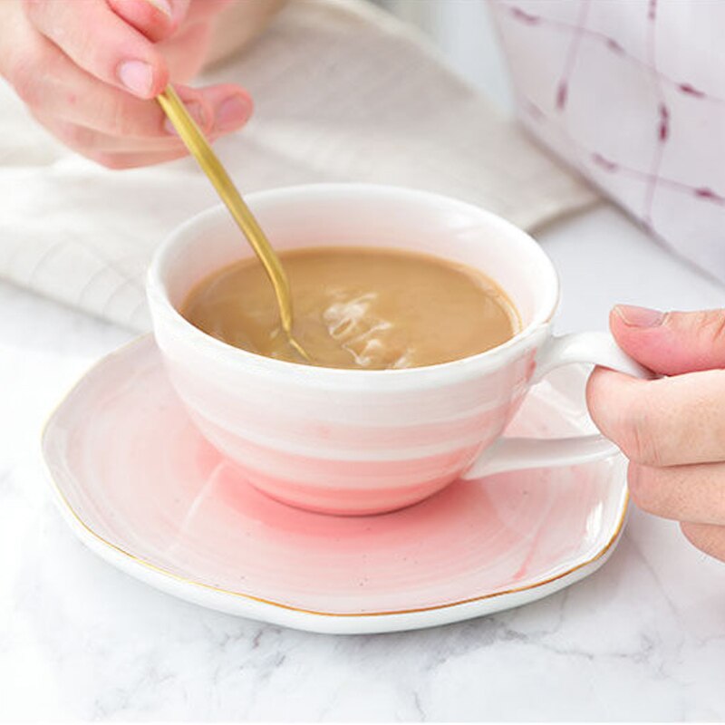 Ceramic Pink Tea Cup and Saucer Porcelain Coffee Cup Set Drinkware One Person Set