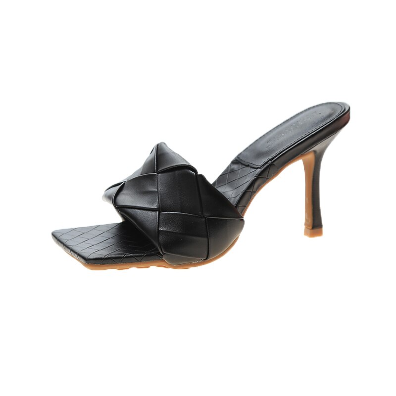 Galler pu läder höga klackar sommar peep toe skor dam tofflor utomhus rom festskor: Svart / 37