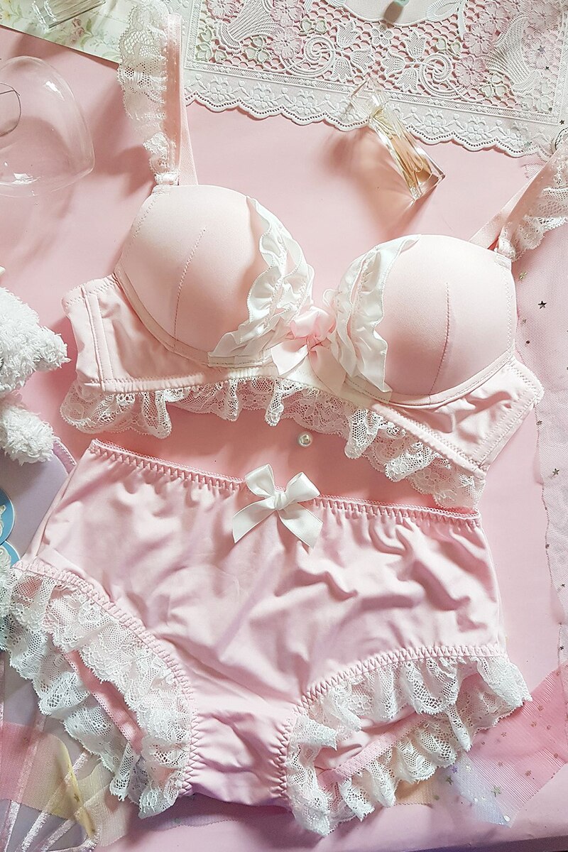 Japanese Lolita Bow Cosplay Sexy Bras Set Sweetheart Thicken Underwire Bra and Panty Set Women Cute Bralette Lingerie Underwear