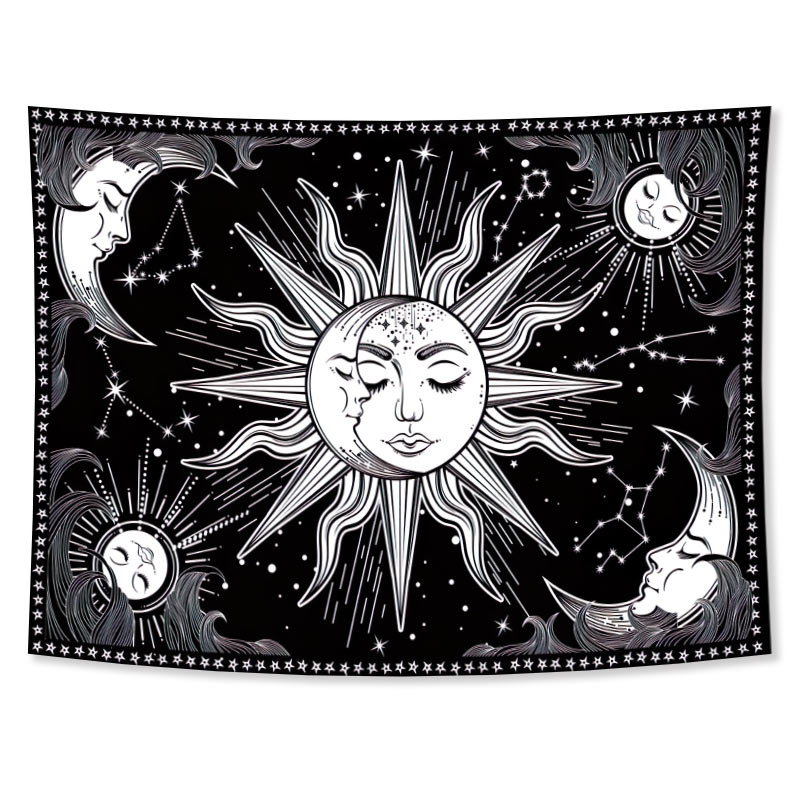 Sun Moon Face Black And White Tapestry Wall Hanging as Wall Art and Home Decoration for Bedroom Living Room Dorm Decor: 150X210cm