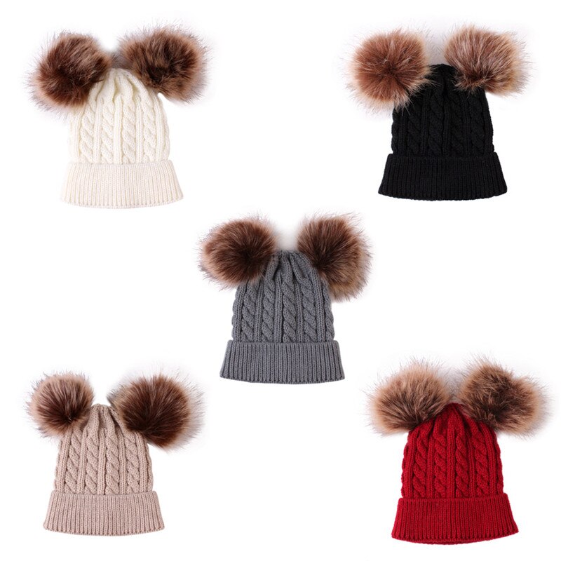 BalleenShiny Baby Cute Pompons Hats Knitted Solid Winter Cap Fur Balls Woolen Beanies Elastic Hat For Boys&amp;Girls