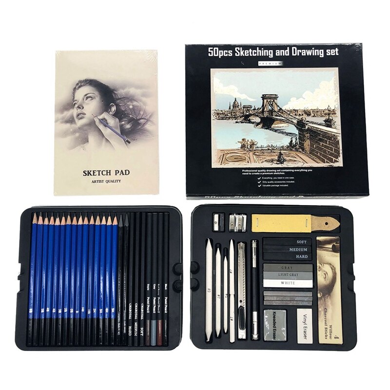 50 stk skitseblyanter sæt tegning træ blyant kit til skolelever maler værktøj kunst forsyninger