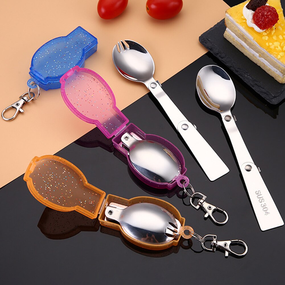 Stainless Steel Folding Pocket Spoon Spork Camping Utensil Portable Outdoor Travel Picnic Tableware Spoon with Storage Box
