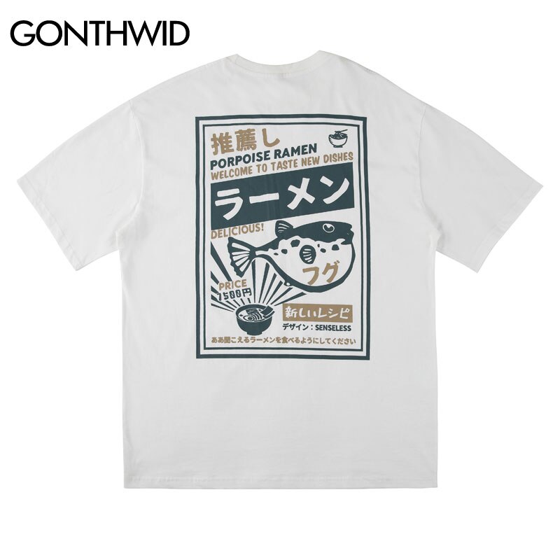 GONTHWID Puffer Fisch Ramen Drucken Kurzarm T Hemden Harajuku Hüfte hüpfen lässig Streetwear T-Hemden Hemd Herren Sommer zu