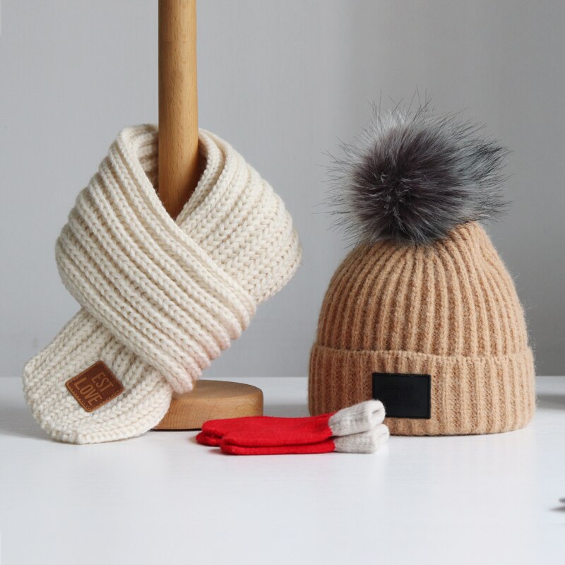 Baby lue høst vinter barn lue skjerf gutter og jenter hodehette skjerf baby ull lue trend hanske 3- deler dresser: Brun hvit / 4-12 år gammel