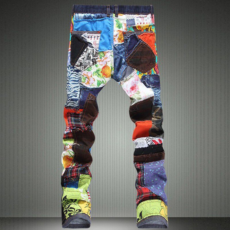 Pantalones vaqueros rasgados de retales para hombre, pantalones vaqueros masculinos ajustados a la con botones de parche de colores, Pantalones rectos con volantes