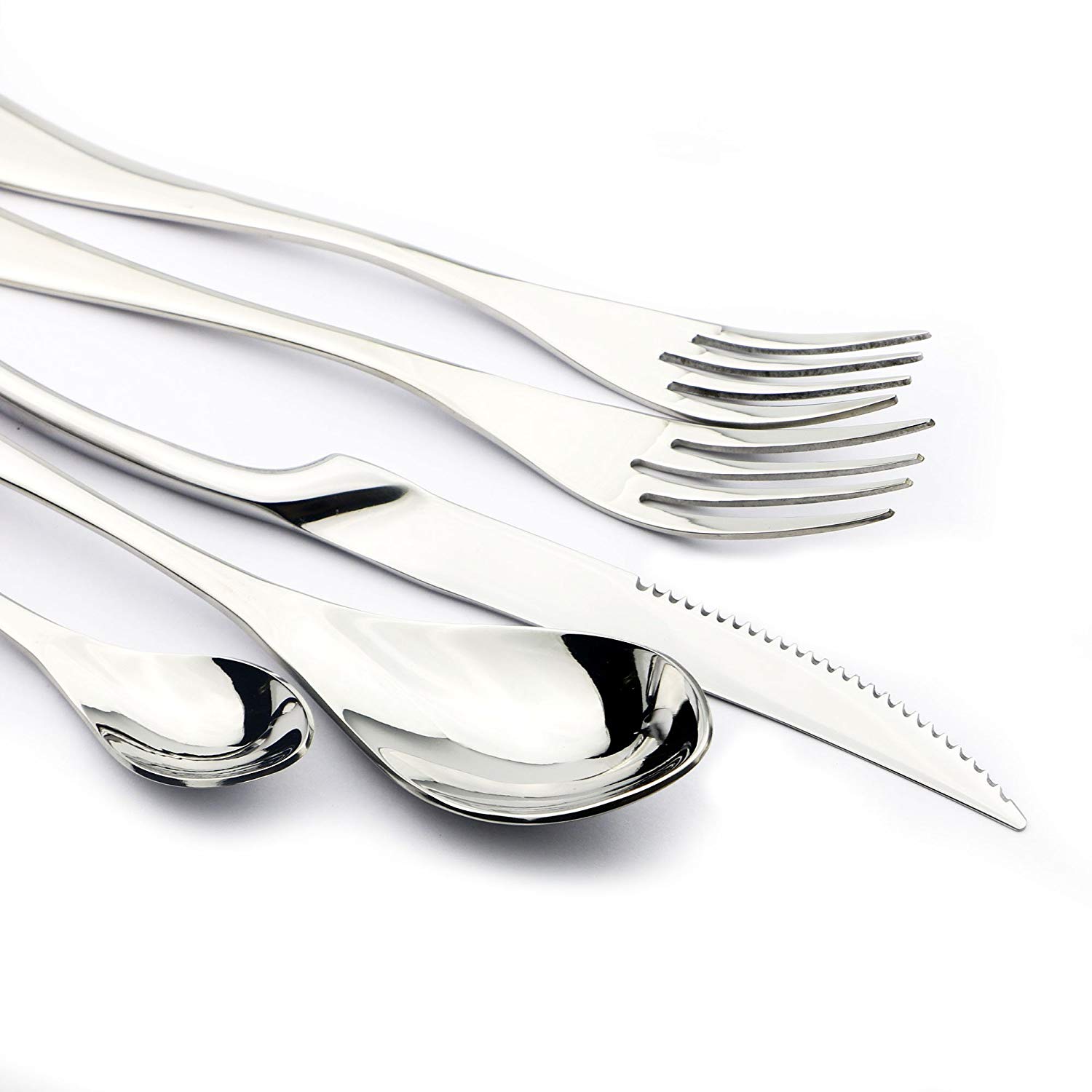 JANKNG 5-Pcs Silver Flatware Set 18/10 Stainless Steel Gold Dinnerware Serrated Knife Fork Spoon Cutlery Food Tableware