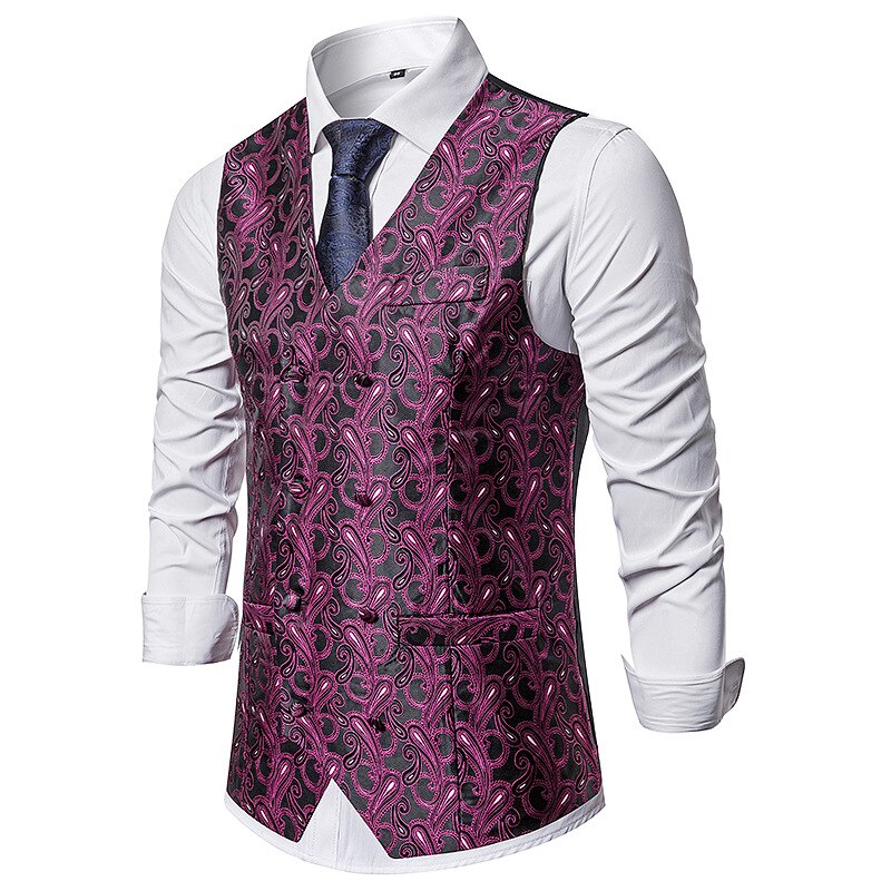 Dubbelrijs herenvest casual paisley bloemenprint colete social luxe heren bruidsvesten gilet kostuum heren: Roos / Xxl