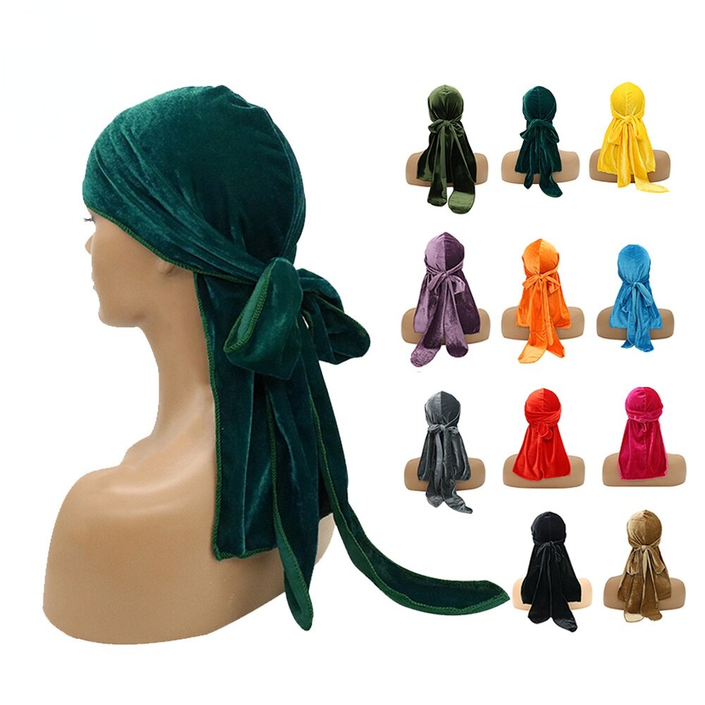 Durag en velours pour hommes et femmes, chapeaux Bandana, solide, enveloppe de tête, extensible, longue queue, chapeaux de Pirate Jordan, Turban Du chiffon