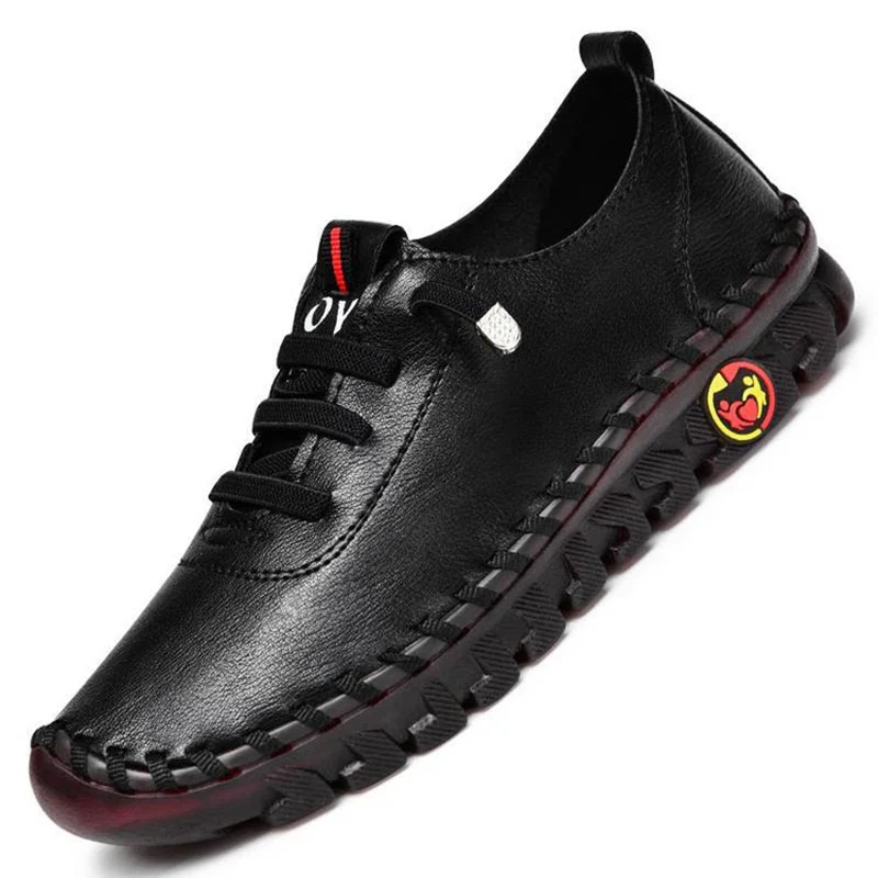 Zapatillas De deporte para Mujer, mocasines De cuero, zapatos cómodos sin cordones, hilo De coser a mano, zapatos para mamá, Zapatillas De Mujer: Negro / 37