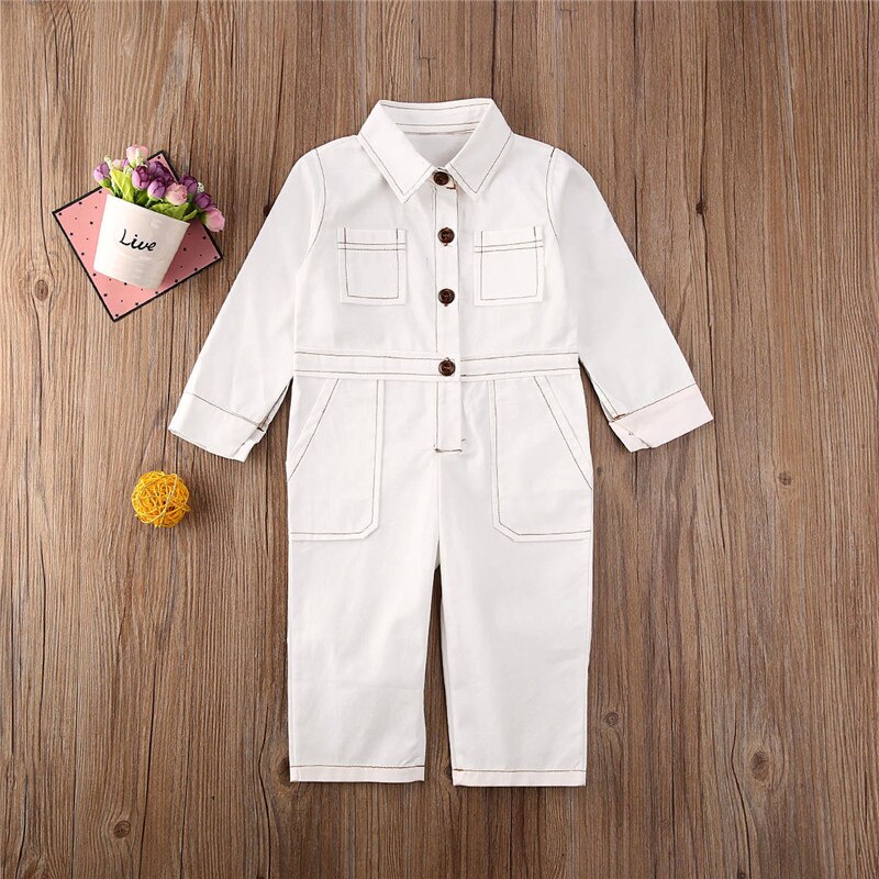 1-6 anni di Ragazze Del Bambino Tute e Salopette Del Capretto Manica Lunga Pulsante Body e Pagliaccetti Della Tuta Della Tuta Per Le Ragazze Tute e Salopette Bianco Vestiti Delle Ragazze vestito