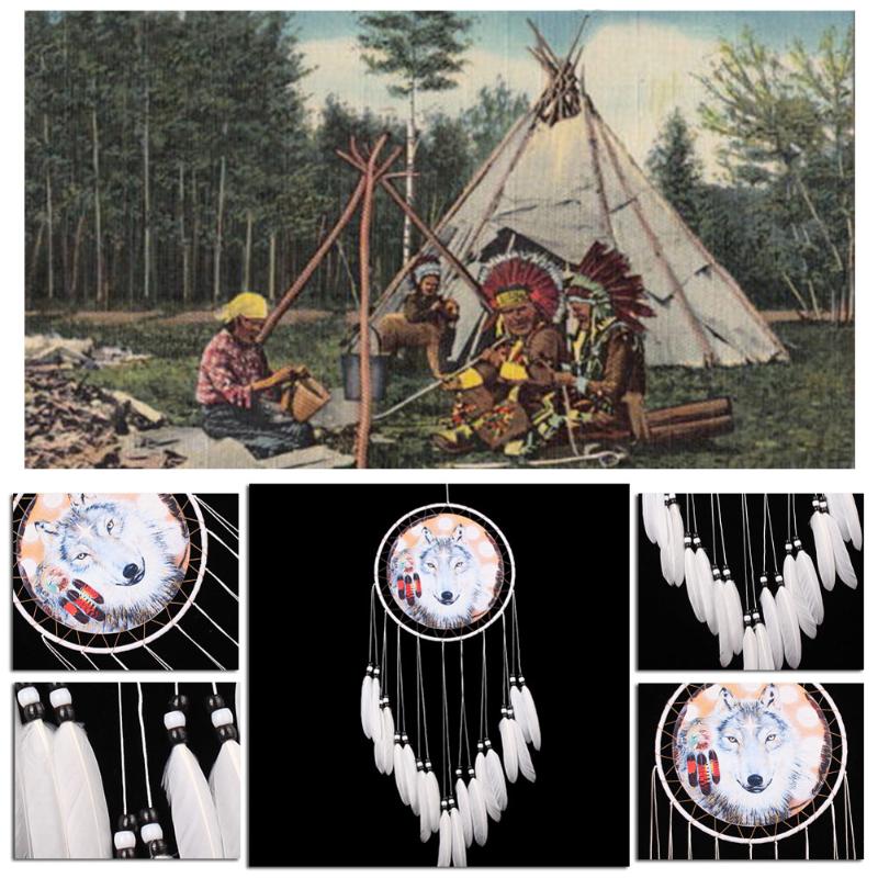 Toile imprimée de loup 1 pièce | Filet attrape-rêves, plume perle, attrape-rêve, ornement suspendu, décoration de voiture maison