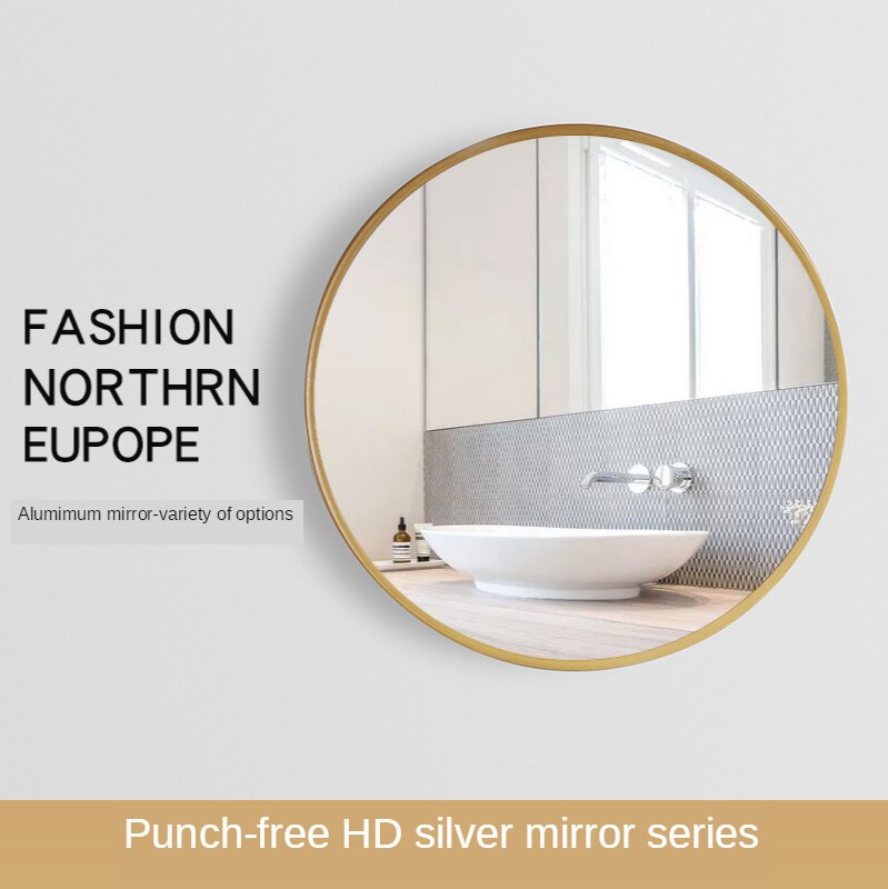 Nordic round Hand Washing Bathroom Mirror Bathroom Mirror Wall-Mounted with Shelf Comb Makeup HD Simple Home
