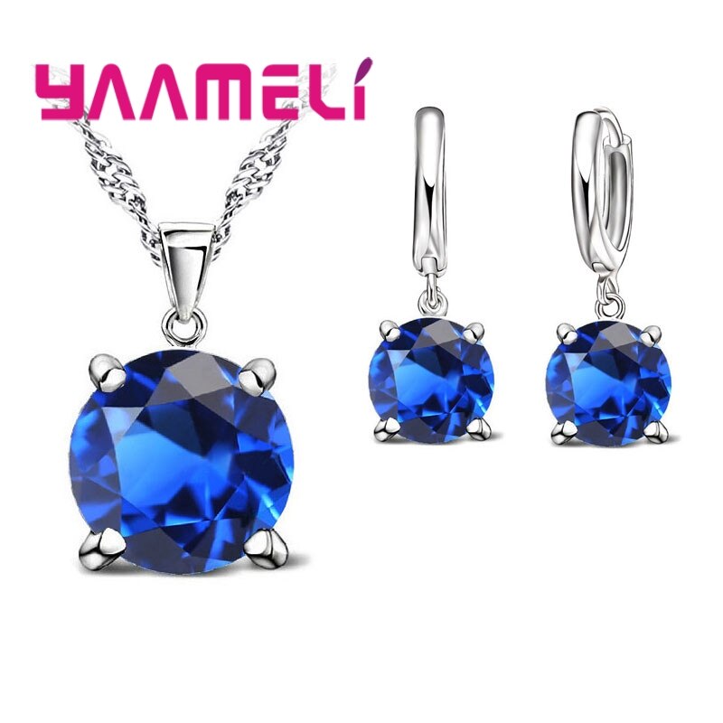 Conjunto de joyería de plata de ley 925 para mujer, collar con colgante de Circonia cúbica, pendiente, joyería nupcial clásica para mujer: blue