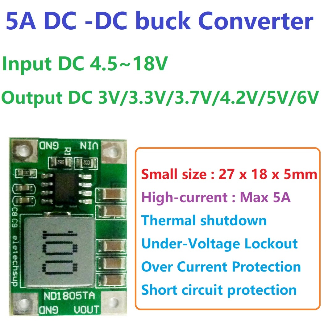 Mini-Size 5a Dc-Dc Gereglementeerde Buck Converter Module 4.5V-18V Naar 3V 3.3V 3.7V 4.2v5v 6V