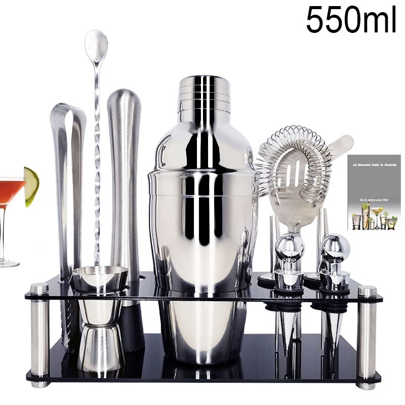 Stainless Steel Cocktail Shaker Muddler Strainer Tong Spoon Pourer Jigger Cork 550/750ml With Wine Rack Cocktail Recipe: 11Pc 550ml Z Rack