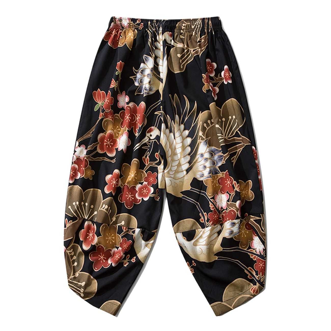 Hip Hop Japanese Thin Japan Style Trousers Floral Printed Baggy Calf-length Pants Harajuku Joggers Men Trousers Streetwear Black