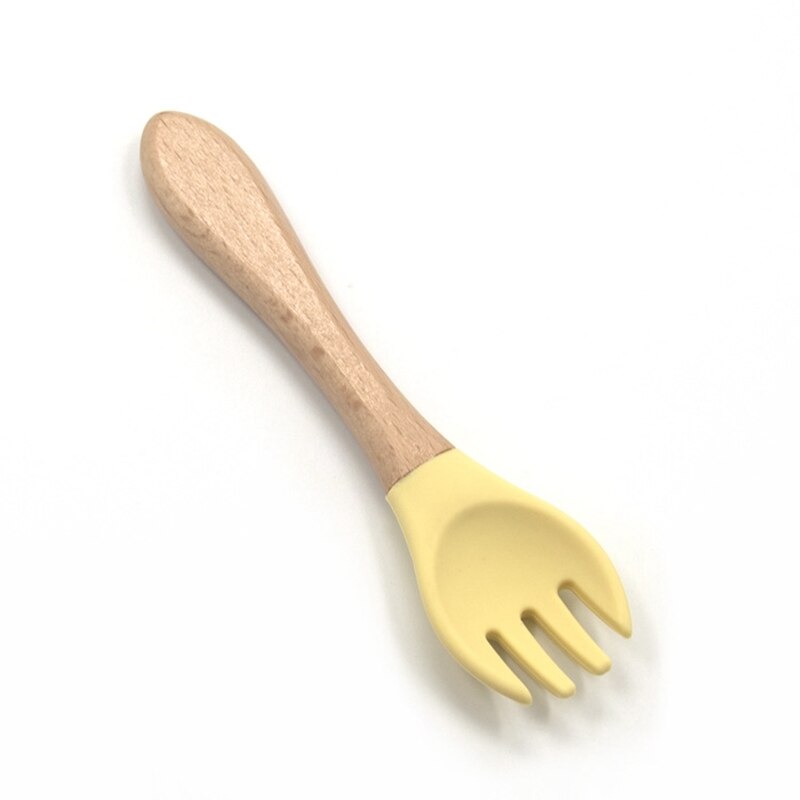 Hurtownia niemowlę silikonowy widelec ekologiczny widelec dla dzieci łatwe robić czyszczenia łyżka dla dzieci z drewnianym uchwytem prezent dla dziecka dla dzieci: GJC03