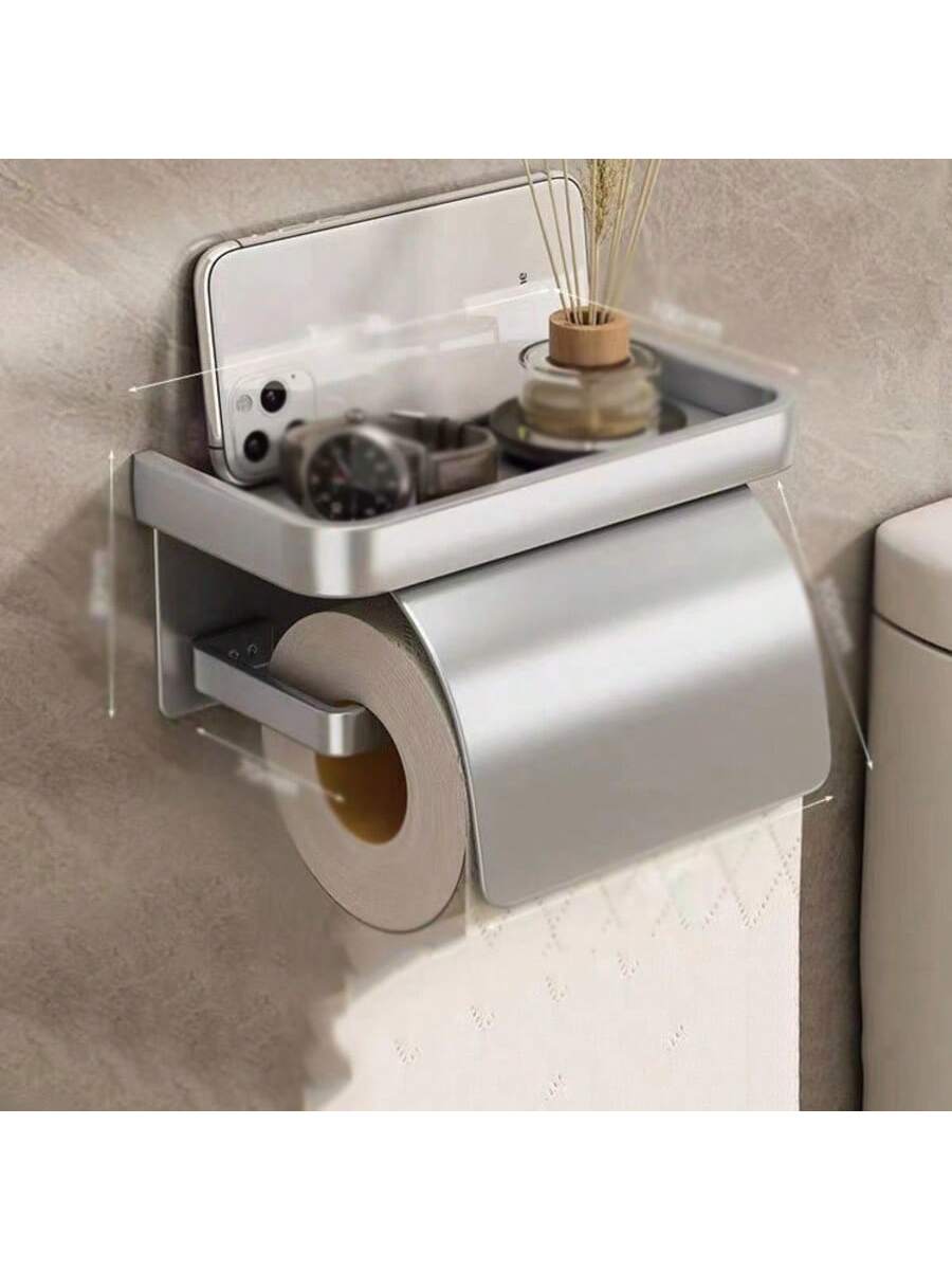 Toiletpapirholder, vægmonteret papirrulleholder med selvklæbende eller skruede kanter, multifunktionel badeværelsesopbevaringsfordeler: Lysegrå