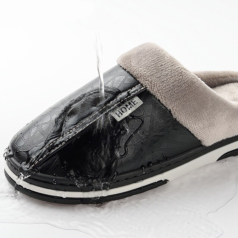 Män vintertofflor manliga inomhus bomullsflip flops skor dam pu läder vattentät varm hem toffel stor storlek