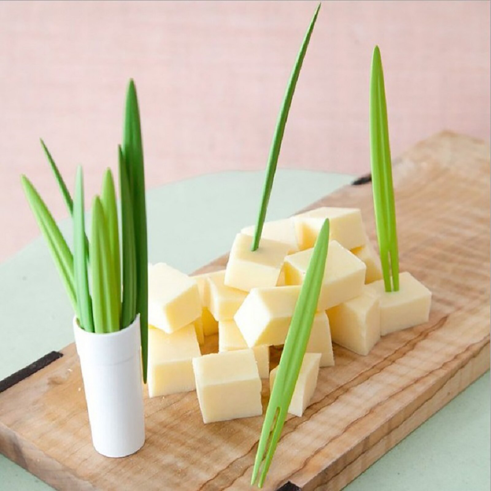 Tenedor de fruta de hoja de bambú verde , palillos, tenedor de cóctel, boda, Festival, cumpleaños, utensilios de cocina, 10 unids/set por juego