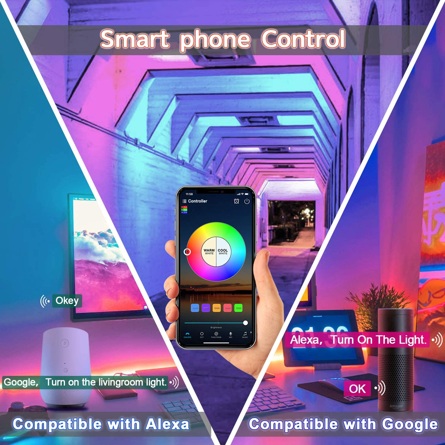 Smart WiFi LED Strip Light Controller, 2 in 1 DC5V-24V 6A with Remote, Compatible with Alexa Google Home and Siri