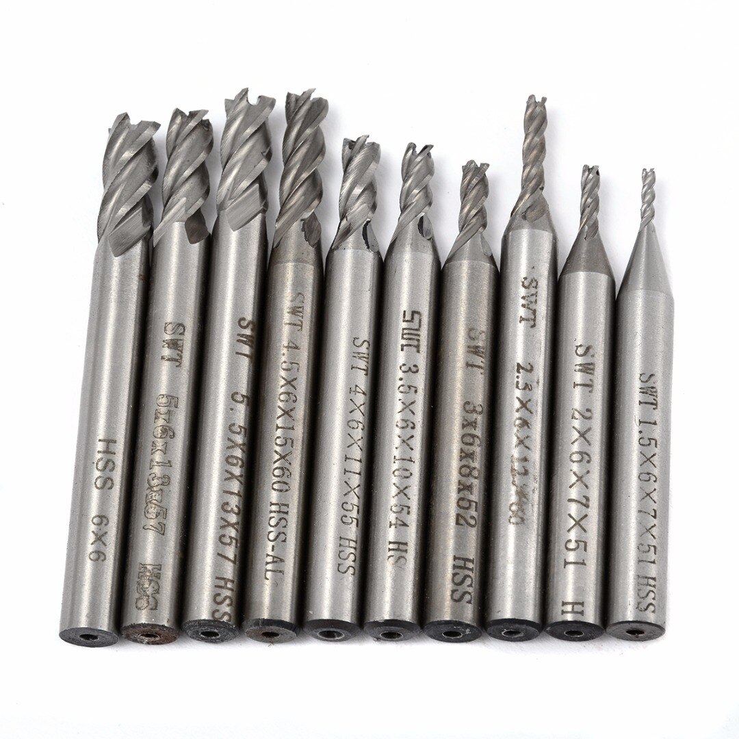 10Pcs HSS 4 Flute End Mill Super Milling Cutter Tools Set 1.5/2/2.5/3/3.5/4/4.5/5/5.5/6mm