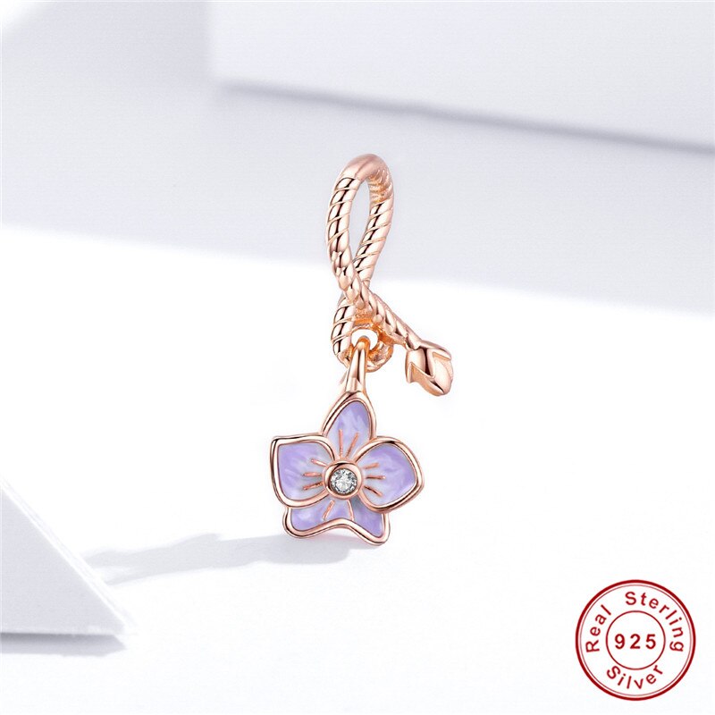 Fit Vrouwen Armband Of Ketting 100% 925 Sterling Zilveren Vlinder Orchidee Rose Gouden Hanger Diy Sieraden