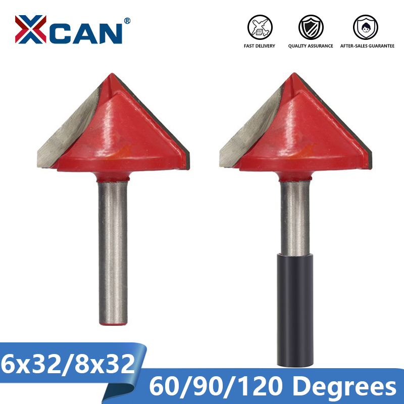 Xcan 1pc 32mm v form fræser 90 graders træfræsebit cnc endefræser 6mm skaft til træbearbejdning trimning graveringsbit